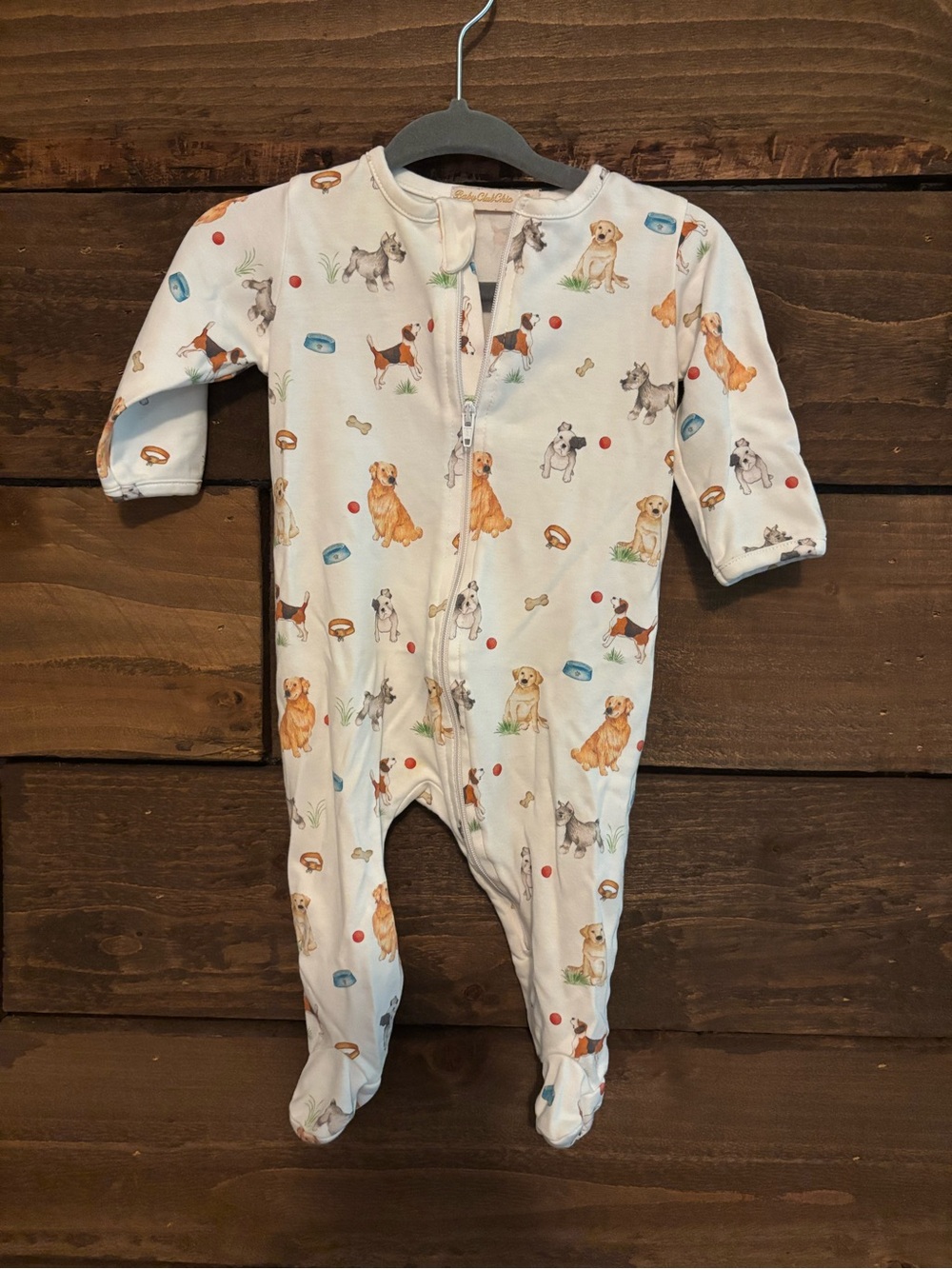 EUC baby club chic onesie footie pajamas - dog print (3-6 months)